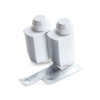 Two AquaAroma Crema water softener cartridges with caps and sealed packaging