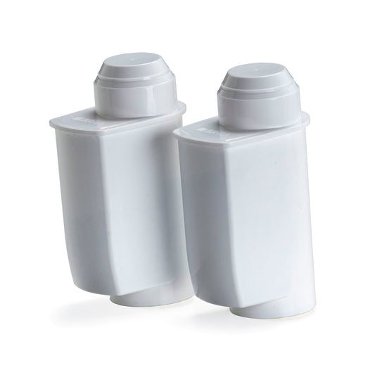 Two white AquaAroma Crema water softener cartridges for ECM and Profitec espresso machines