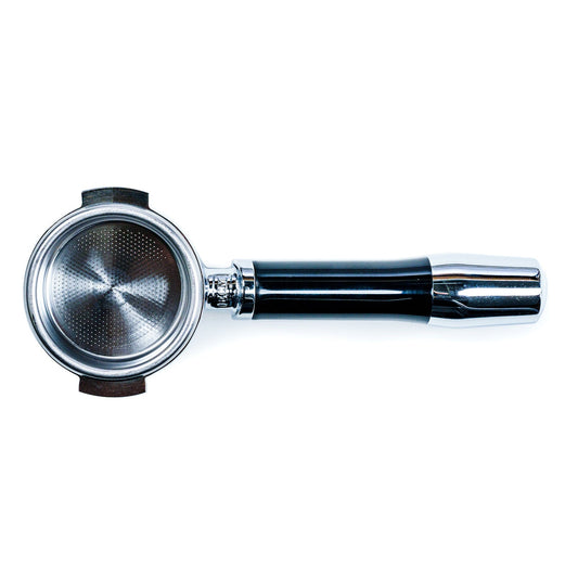 Top view of ECM angled bottomless portafilter showing the 58mm basket and chrome body