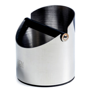 Close-up of brushed stainless ECM Knock Box with a black knock bar secured by a metal pivot screw