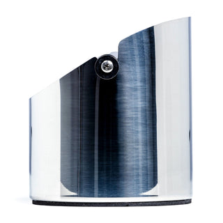 Close-up of brushed stainless ECM Knock Box exterior showing the black knock bar mounting detail