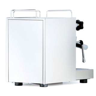 Side view of a white ECM Mechanika Slim PID espresso machine with chrome top rails and a lever on the right