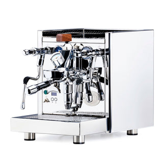 Polished chrome ECM Technika VI espresso machine with dual groups and wooden accents