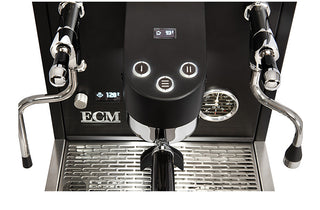 Front view of ECM Estetika dual boiler espresso machine with dual chrome steam wands and central control buttons