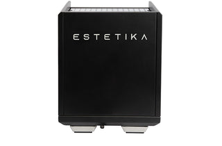 Back view of the Estetika espresso machine with ESTETIKA branding on a black metal exterior.