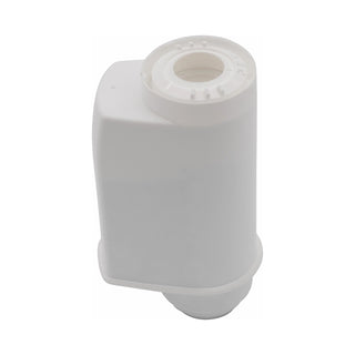 Top close-up of a white AquaAroma Crema water softener cartridge showing circular filter mesh