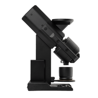 Angled side view of Weber Workshops EG-1 Mk.3 coffee grinder on a stand.