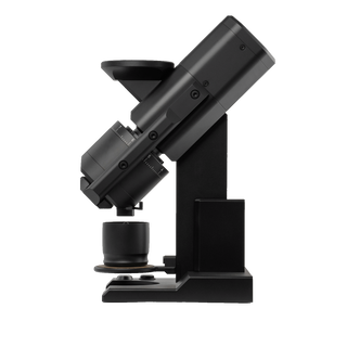 Angled side view of Weber Workshops EG-1 flat burr coffee grinder in matte black on its stand
