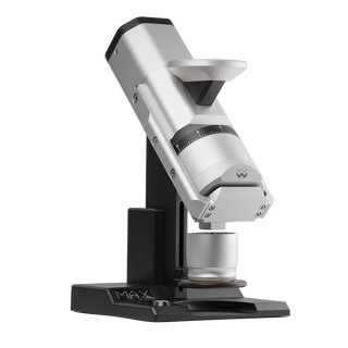 Angled side view of Weber Workshops EG-1 Mk.3 coffee grinder highlighting the side dial and metallic profile