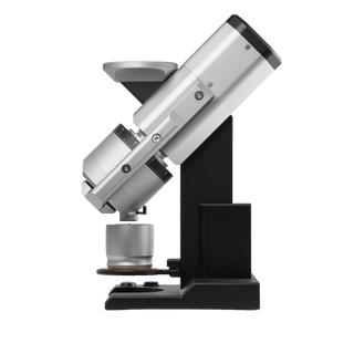 Angled side view of Weber Workshops EG-1 Mk-3 grinder showing metal body and calibration dial