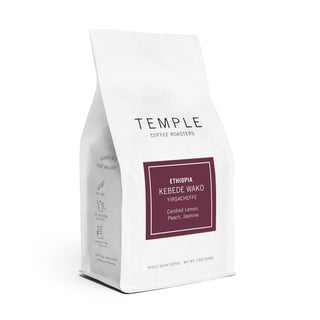 Temple Coffee Roasters Ethiopia Kebede Wako whole bean coffee bag with a purple label