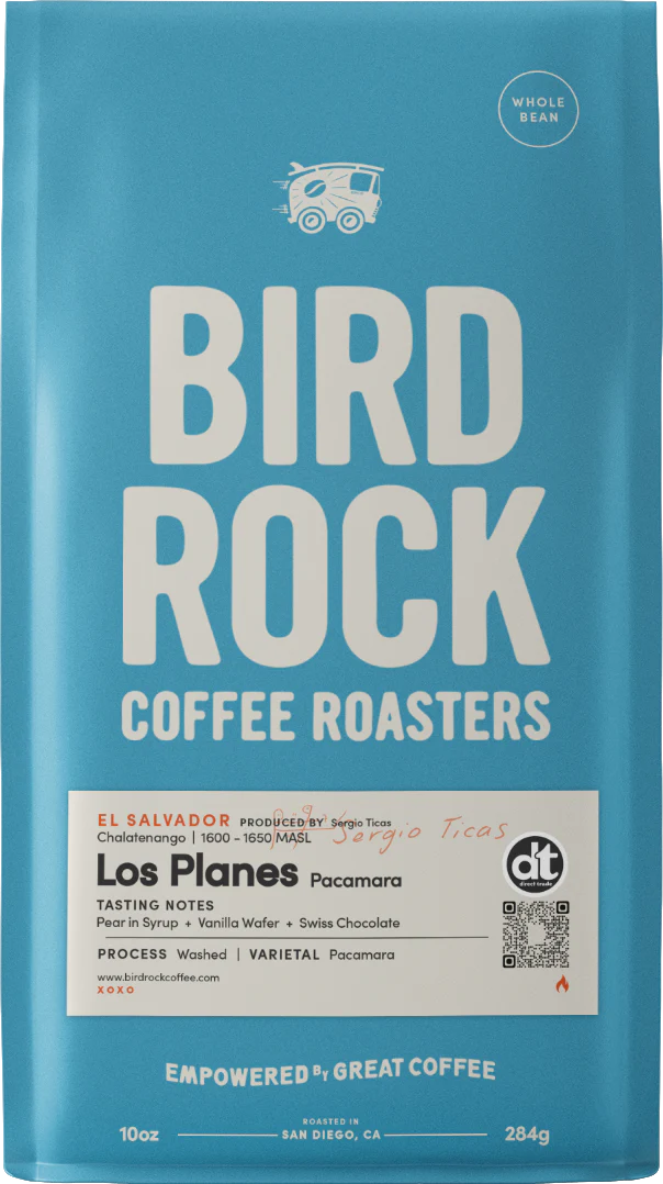Los Planes Pacamara coffee bag from Bird Rock Coffee Roasters in bright blue packaging with a white tasting notes label