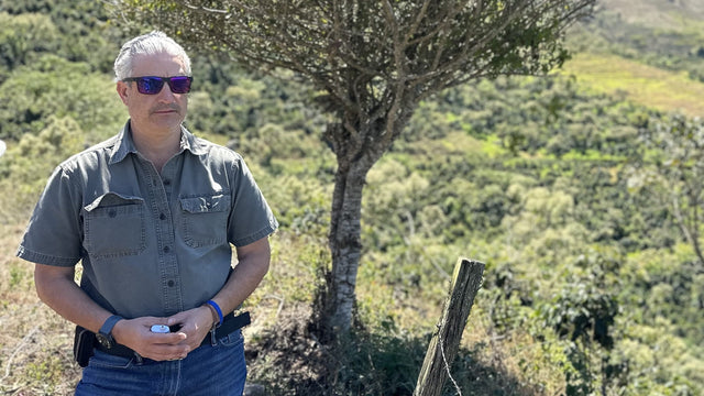 Man in sunglasses standing in a sunlit coffee farm with trees and hills in the background