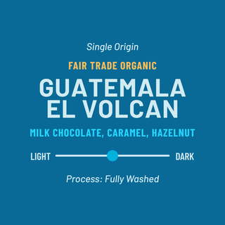 Close up of Guatemala El Volcán coffee label showing single origin fair trade organic branding and tasting notes.