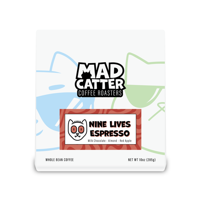 Nine Lives Espresso bag featuring a cat mascot and bold label with flavors milk chocolate almond red apple