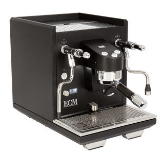 ECM Estetika espresso machine in black with dual chrome portafilters and stainless drip tray