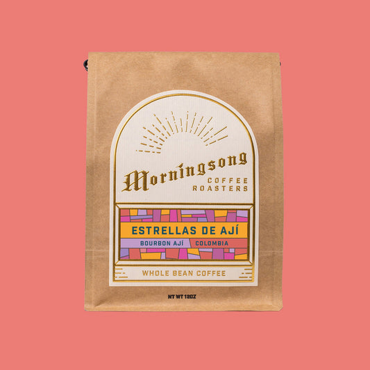 Estrellas De Ají Colombia coffee bag featuring Bourbon Ají Colombia and flavor notes Brambleberry Cordial Golden Raisin Juniper Syrupy