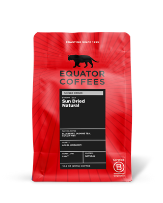 Equator Coffees red single origin bag Ethiopia Guji Sun Dried Natural with black tasting notes panel.