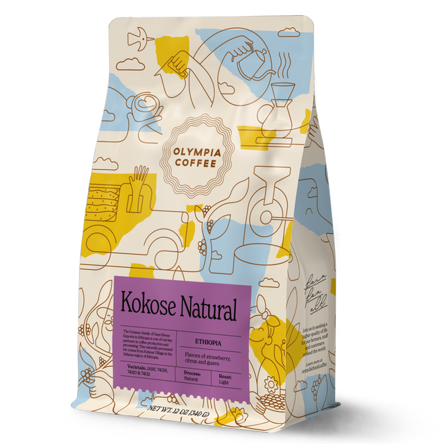 Kokose Natural Ethiopia coffee bag with colorful illustrated pattern and purple label