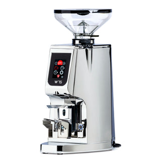 Eureka Atom W 75 espresso grinder with chrome finish clear hopper and front digital control panel