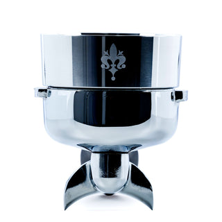 Front view of the chrome Eureka Libra dosing funnel showcasing the fleur-de-lis emblem