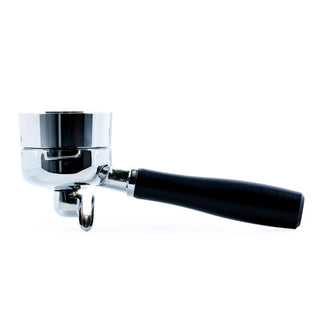 Side view of the chrome dosing funnel mounted to a portafilter with a black handle