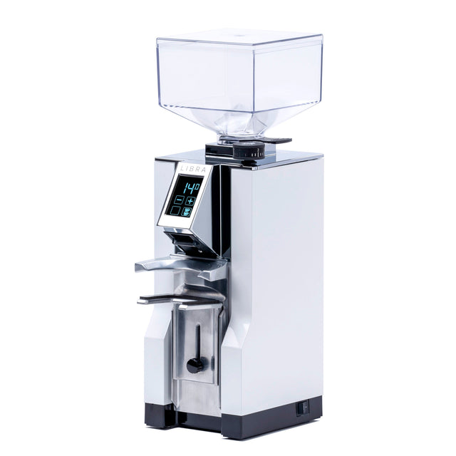 Open box Eureka Libra espresso grinder with clear hopper and chrome finish