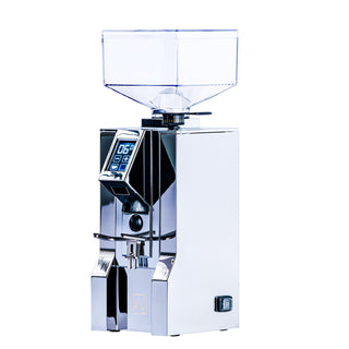 Eureka Oro Mignon XL coffee grinder with clear hopper and chrome body