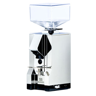 Eureka Mignon Silenzio 55 coffee grinder with chrome finish on a white background.