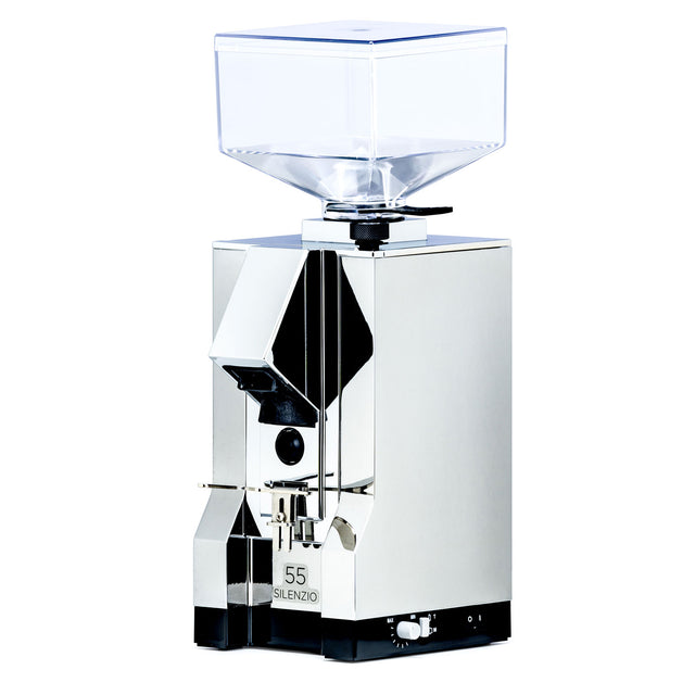 Eureka Mignon Silenzio 55 coffee grinder with chrome finish on a white background.