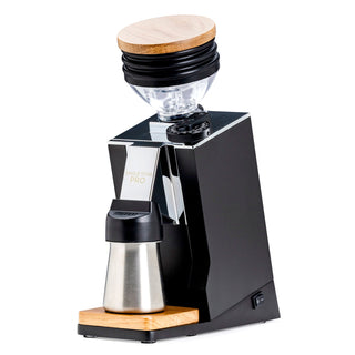 Eureka Oro Mignon Single Dose Pro espresso grinder with wooden lid, clear hopper and glossy black body.