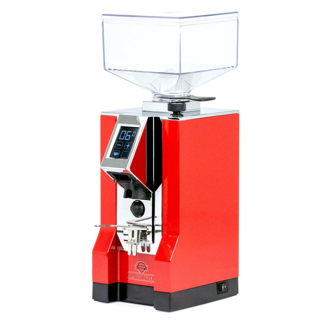 Red Eureka Mignon Specialita compact coffee grinder with clear hopper and digital controls