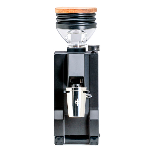 Front view of Eureka Mignon Zero 65 espresso grinder with wooden hopper lid and black body