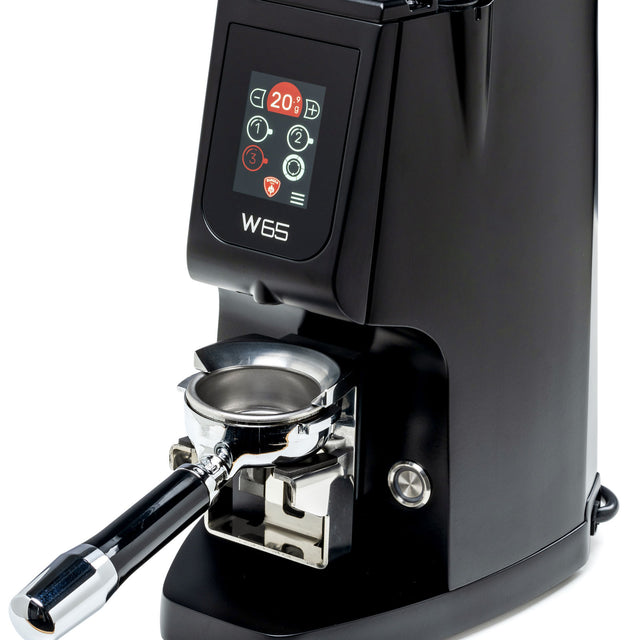 Eureka Atom W65 Espresso Grinder in black close up by Clive Coffee - knockout