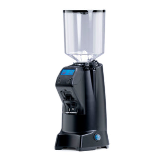 Tall transparent hopper with chrome rim mounted on a black espresso grinder.