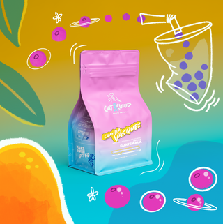 Pink Guatemala Familia Vasquez coffee bag by Cat & Cloud against a colorful abstract illustration.