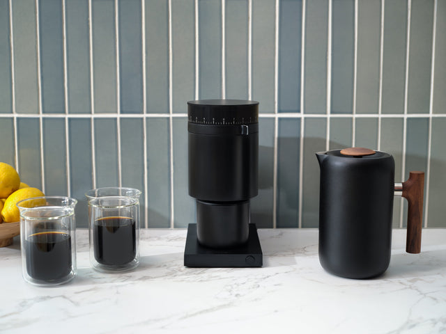 Fellow Opus Grinder, with Fellow Clara French Press, from Clive Coffee, lifestyle, large