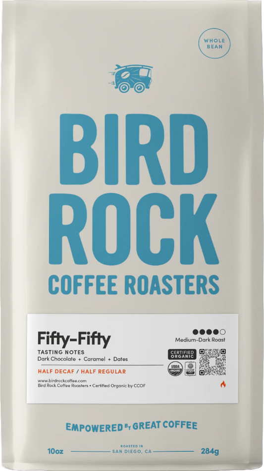 Fifty-Fifty Half Caff coffee bag by Bird Rock Coffee Roasters with bold blue logo and half decaf half regular label