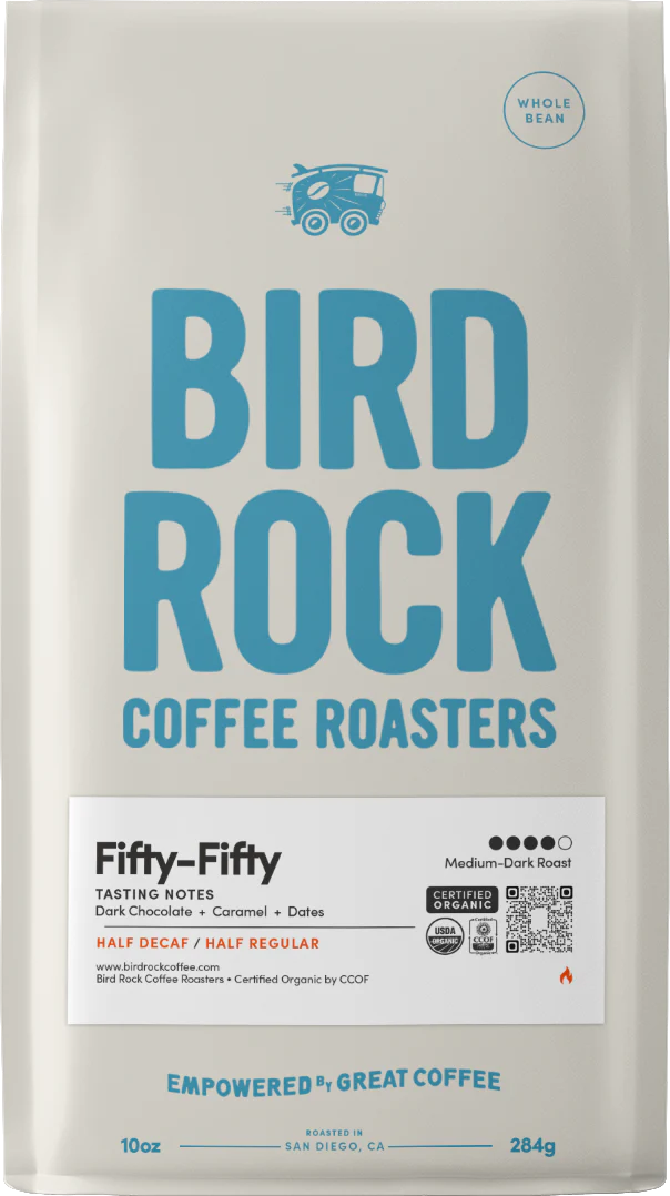 Fifty-Fifty Half Caff coffee bag by Bird Rock Coffee Roasters with bold blue logo and half decaf half regular label