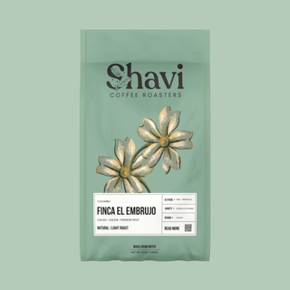 Colombia Finca El Embrujo coffee bag with Shavi logo and botanical illustration on pale green packaging