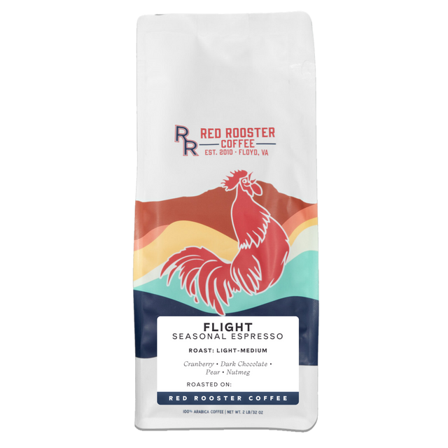 Flight Seasonal Espresso bag showing rooster artwork against a multicolor background and roast details.