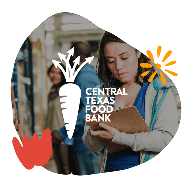 Woman in a grocery store reading a clipboard with Central Texas Food Bank logo overlay