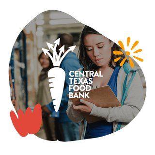 Person in a store with a clipboard, overlaid with Central Texas Food Bank logo