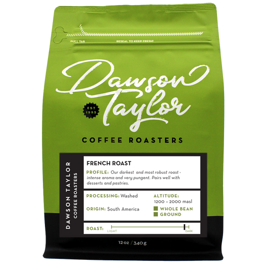 Dawson Taylor French Roast coffee bag with bright green packaging and a white label detailing roast and origin.