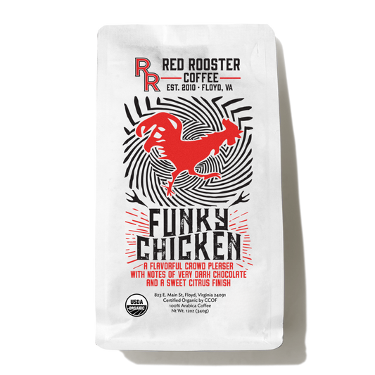 Organic Funky Chicken coffee bag featuring a bold chicken drawing and Funky Chicken branding