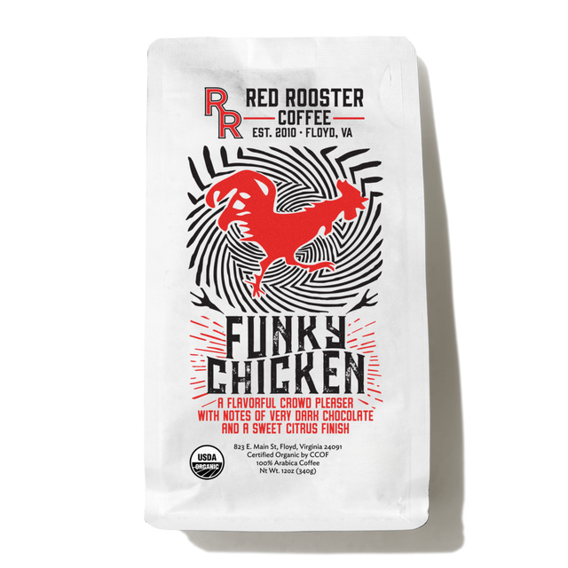 Organic Funky Chicken coffee bag featuring a bold chicken drawing and Funky Chicken branding
