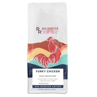 Front view of Organic Funky Chicken coffee bag showing a circular valve and rooster artwork
