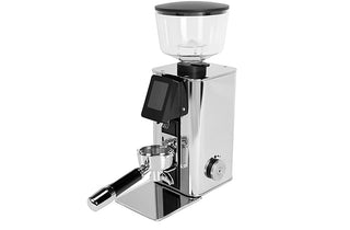 SIde view of the ECM Exacto Coffee grinder with a clear top and stainless steel body.