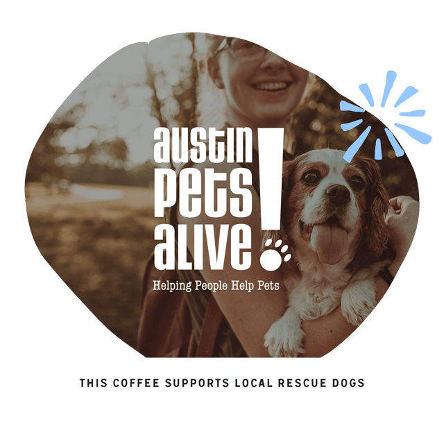 Smiling person holding a dog with an Austin Pets Alive circular logo overlay