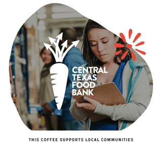 Woman in a store scene with a Central Texas Food Bank logo overlay on a dark background